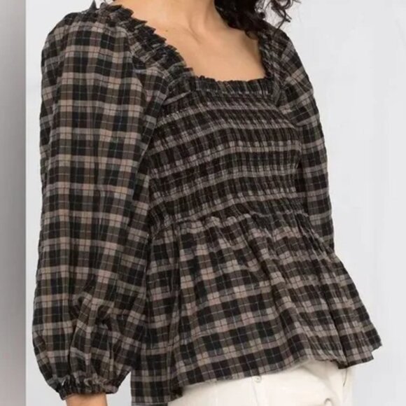 GANNI Checked Seersucker puff-sleeve blouse size EU 40 - Picture 2 of 8